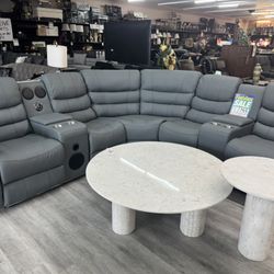Grey Sectional With Led Lights And Bluetooth Speakers 