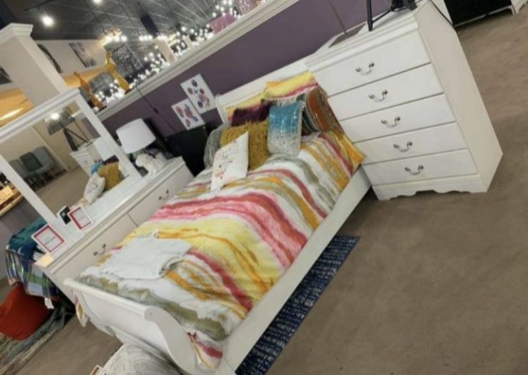 Louis White Queen king twin full bedroom set bed frame tall dresser nightstand and chest mattress options