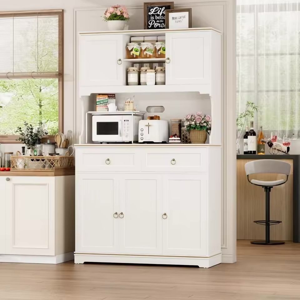 71" Tall Pantry Cabinet with Power Outlets, Kitchen Pantry Storage Cabinet with Microwave Stand, Farmhouse Kitchen Hutch with Drawers, Food