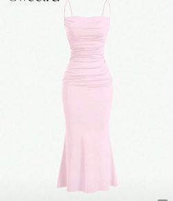 Sweetra Solid Ruched Mermaid Hem Cami Dress Maxi Women Outfit Color Pink Size Large