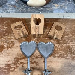 Granny Core Country Cottage Antique Wood Heart Hooks And Tin Candle Holders 