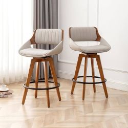 Swivel Bar Stools Set of 2 Mid Century Modern Faux Leather Upholstered Bar Height Barstools,Kitchen Island Wooden Bar Chairs,29.5-Inch Armless Counter