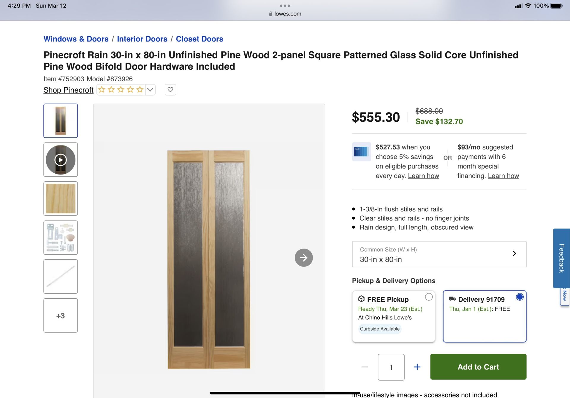Unopened 30” Unfinished Bifold Door With Rainwater Glass From Lowe’s