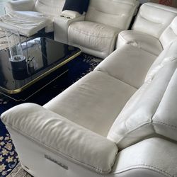 White Leather Sectional Couch With Recliner Seats On Both Ends