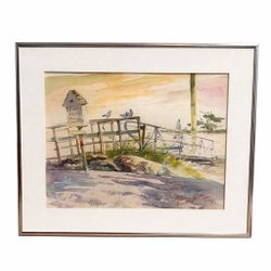 Original Coastal Watercolor Painting – Signed by Harumichi Shibasaki - Framed
