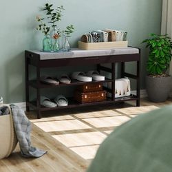 Bamboo Storage Bench with 2 Tiers Shoe Rack, Bathroom Shoe Bench Bed End Stool with Flip Top and Padded Seat, Vintage (up to 7 Shoes)