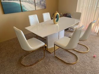 White and Gold Dining Table Set with 6 Chairs