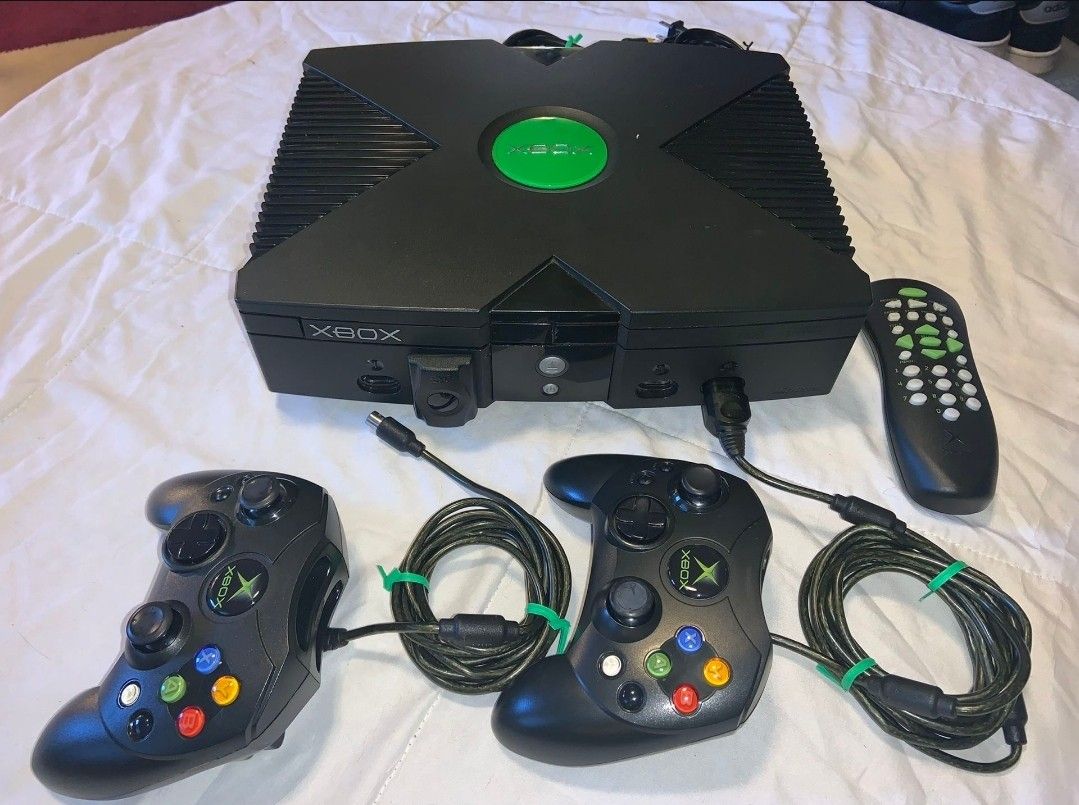 Microsoft Origional Xbox Console 2- Controller Cords, DVD Attachment And Remote With no battery Cover