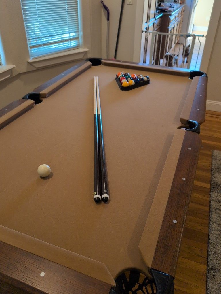 Pool Table With All The Billard Balls And 2 Cues