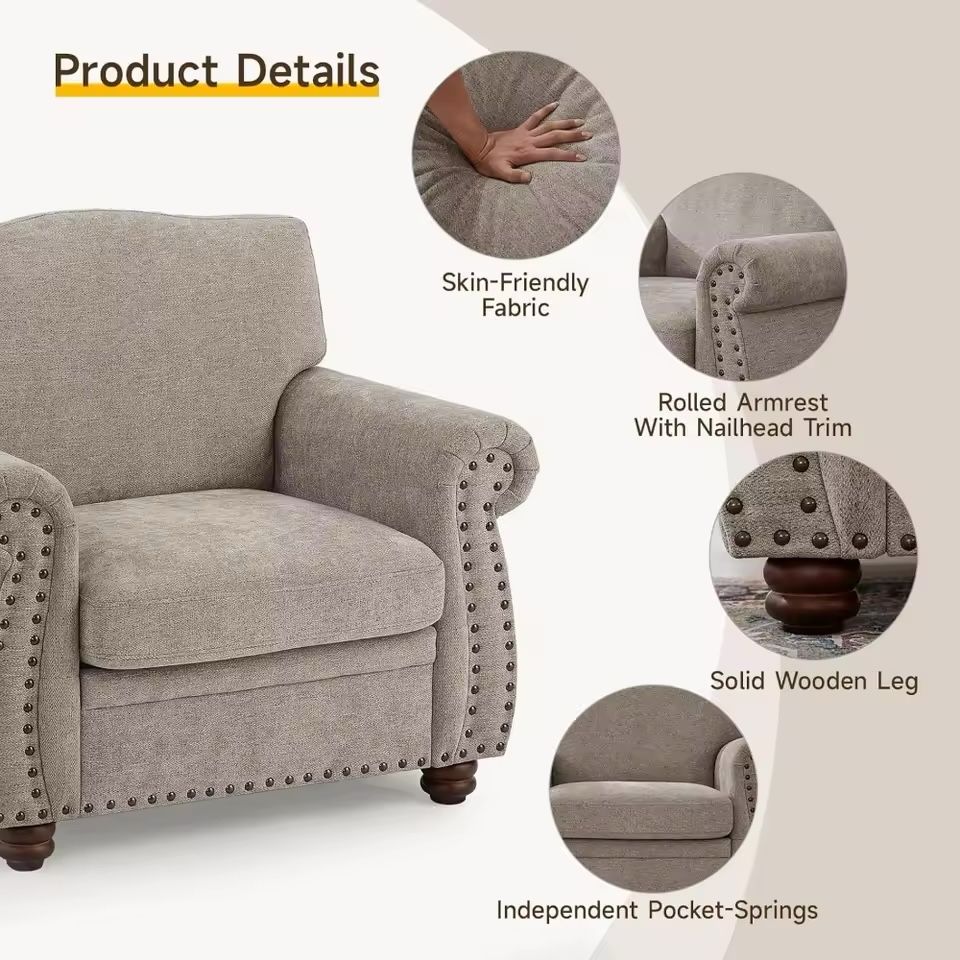Nailhead Trim Armchair, Rolled Arm Accent Chair for Living Room, Comfy Chenille Club Sofa Chair w/Springs Cushions & Wood Legs, Traditional