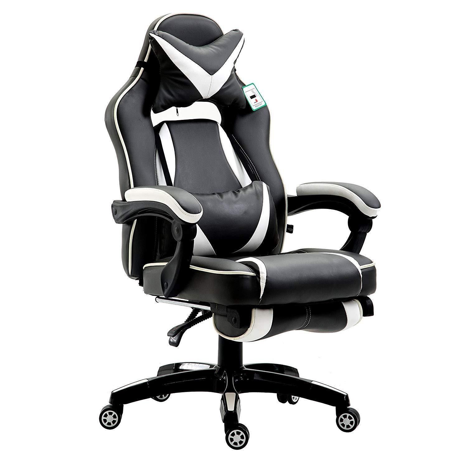 High Back Recliner Gaming Swivel Chair with Footrest & Adjustable Lumbar & Head Cushion, MR49 Black & White  