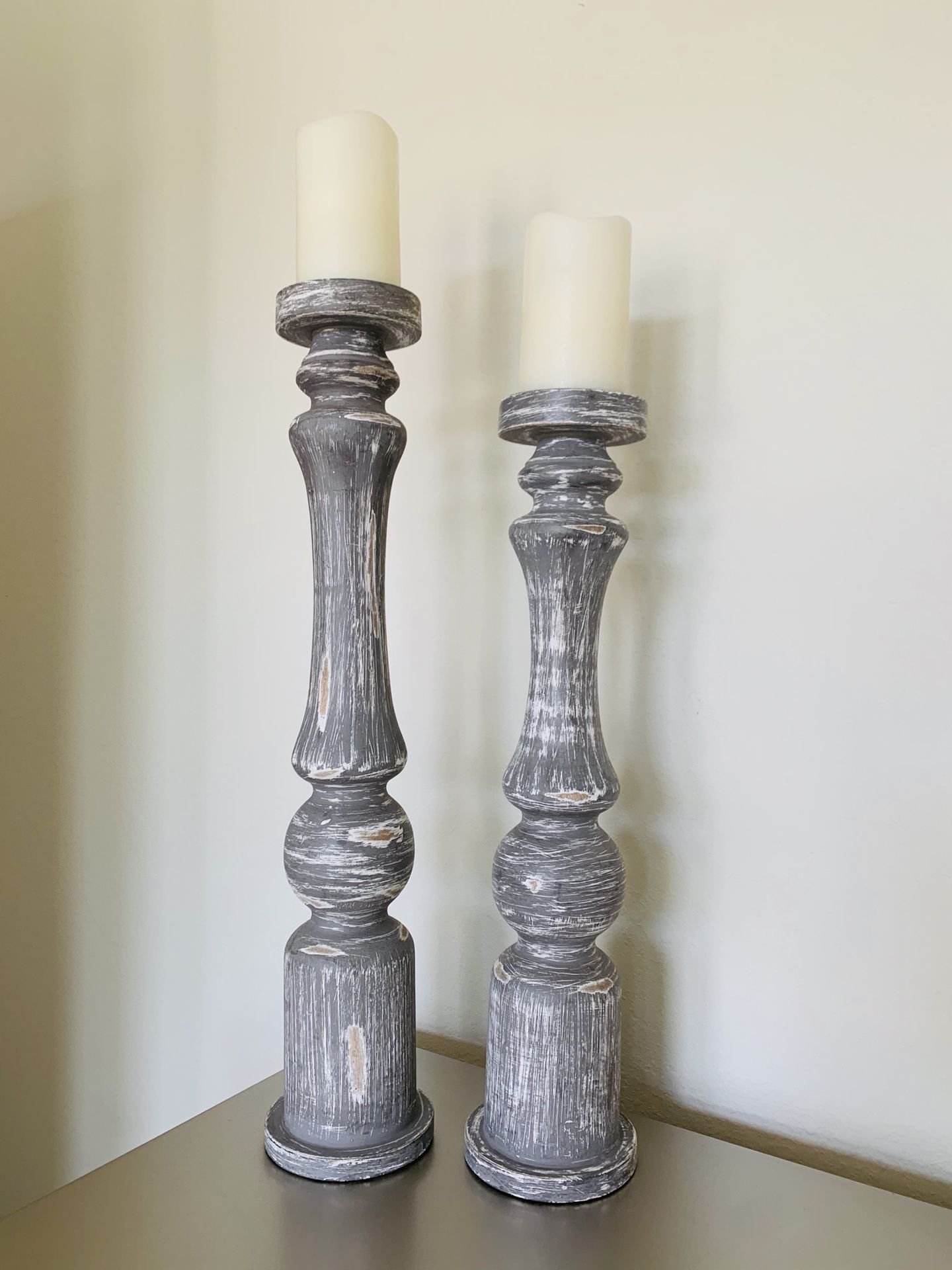 New Traditional Grey Wood Candle Holders - 23’H x 5’W