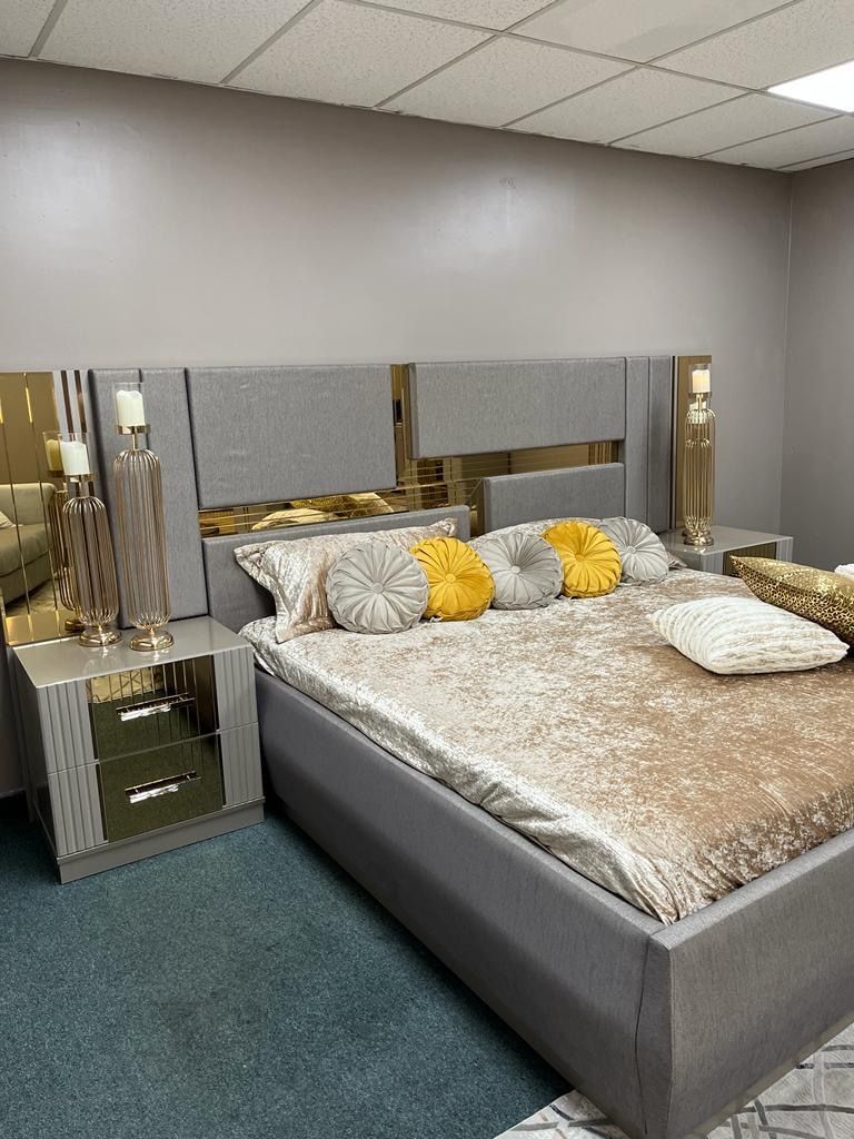 Gray Gold Contemporary Bedroom Set Furniture King Queen Bed Dresser Mirror Nightstand 