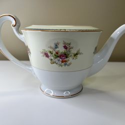 Vintage MCM Noritake Nippon Toki Kaisha Floral Pink And White Roses Blue Flowers Teapot Blue/Brown Trim Japan