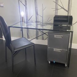 Office Desk Combo ( Glass Desk, File Cabinet , Desk Organizer , West Elm Desk Light