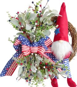 Patriotic Gnome Wreath July 4th Decor 18” Grapevine Memorial Day Veterans Day holiday red white blue