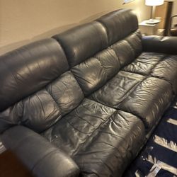 Blue Leather couch with Two Built In Recliners