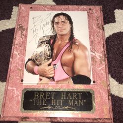 Autographed 8 x 10 Bret The Hitman Hart With Championship Belt Eloquently Displayed On A Beautiful Plaque