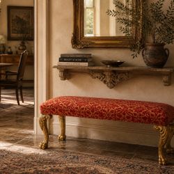 Vintage Italian Style Bench – Carved Gold Legs – Designer Accent Piece