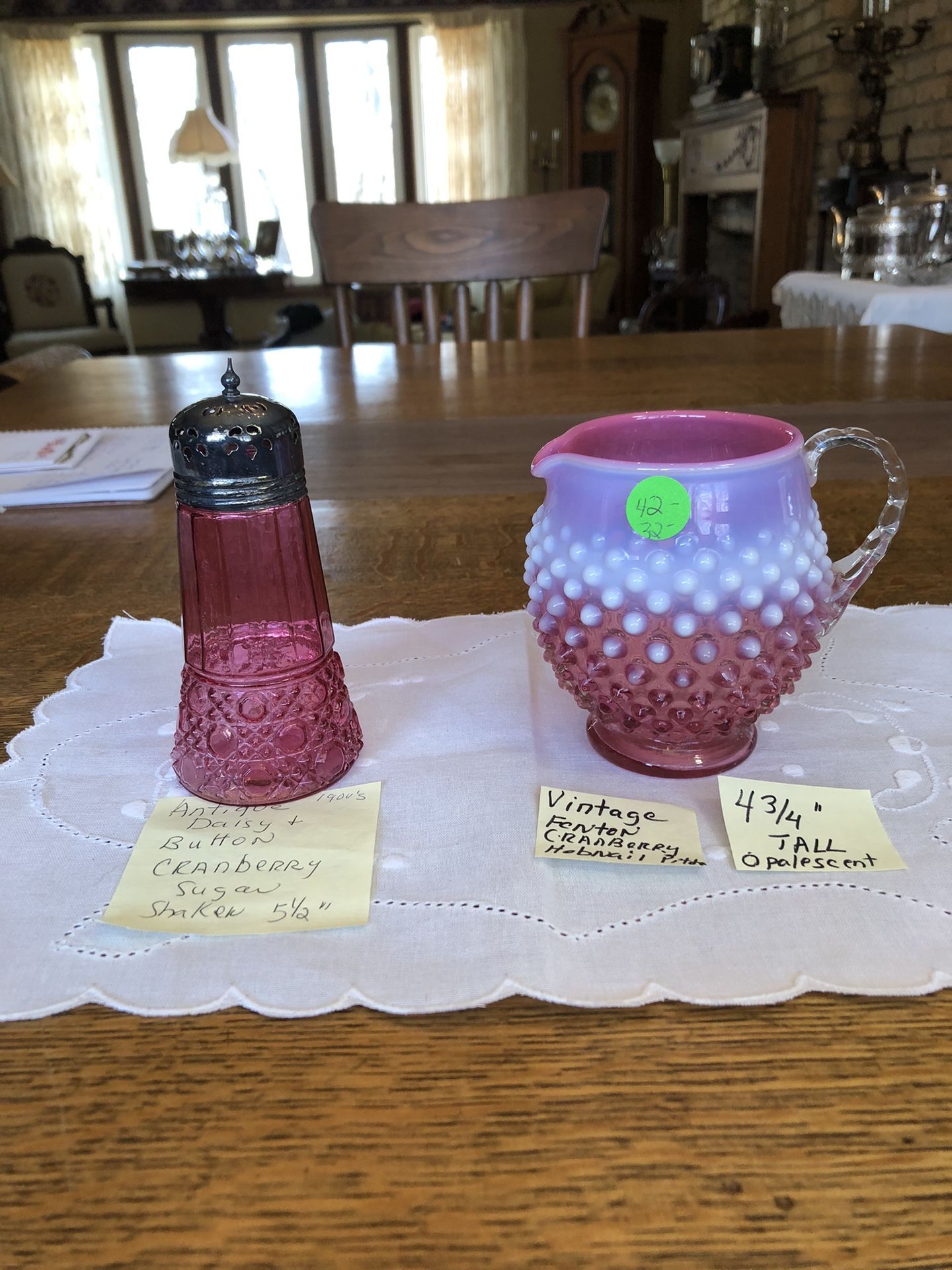 Vintage Fenton Cranberry Opalescent Hobnail Pitcher, Antique Victorian Sugar Shaker