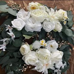 Set of 2, Faux Floral Arrangements with white roses and eucalyptus 