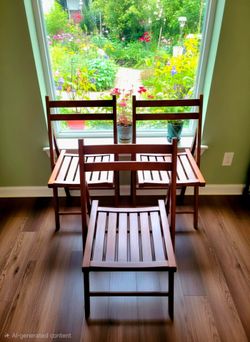 3 Vintage mid-century Romanian wooden slatted folding chairs.