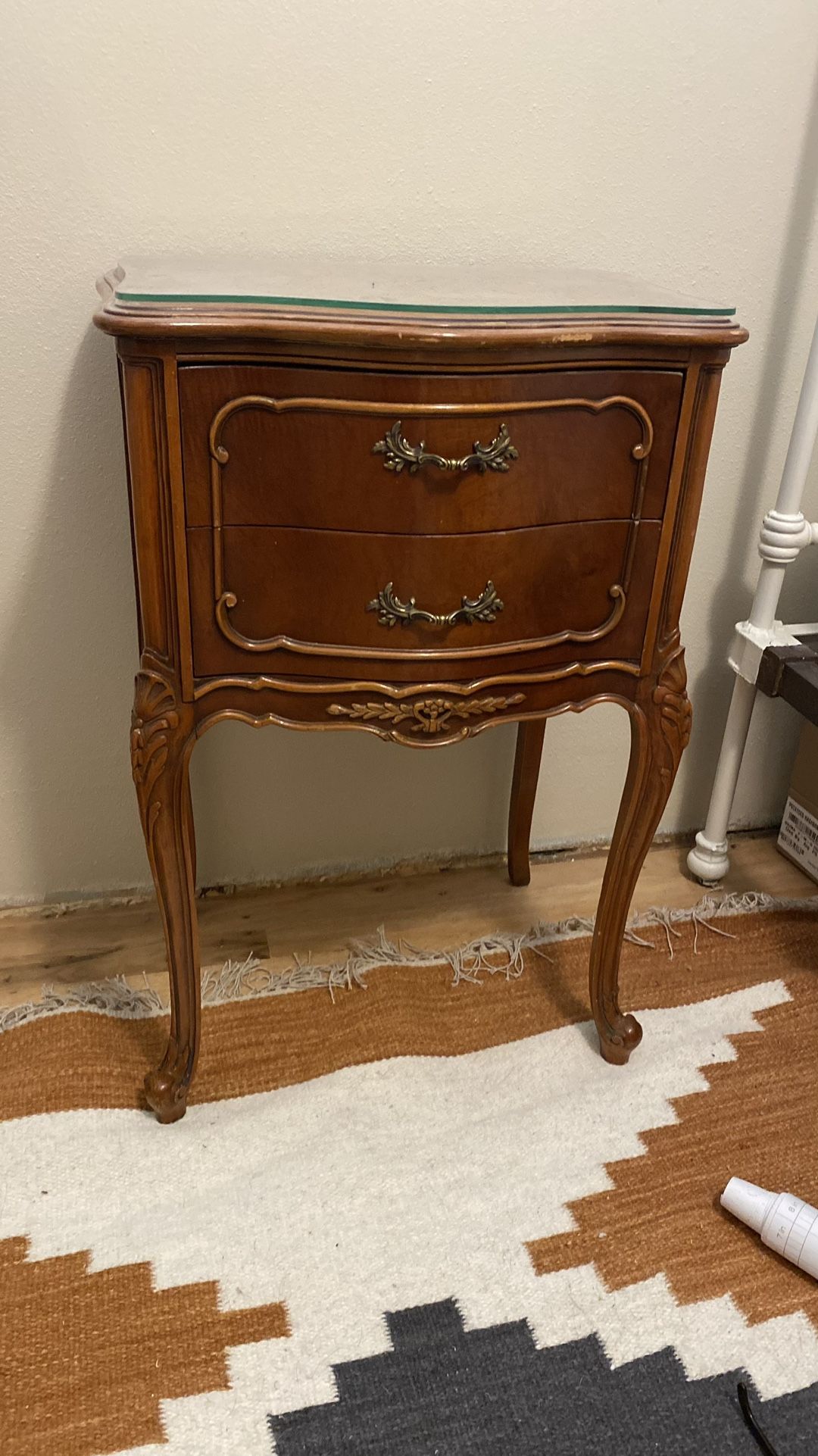 1960s French Provincial Table With Drawer Curved Glass Top RARE FIND