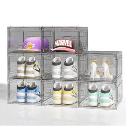 Upgraded Thickened Sturdy Large Shoe Boxes Clear Plastic Stackable 8 Pack Shoe Storage Organizer for Closet/Entryway, Drop front Shoe Box with Magneti