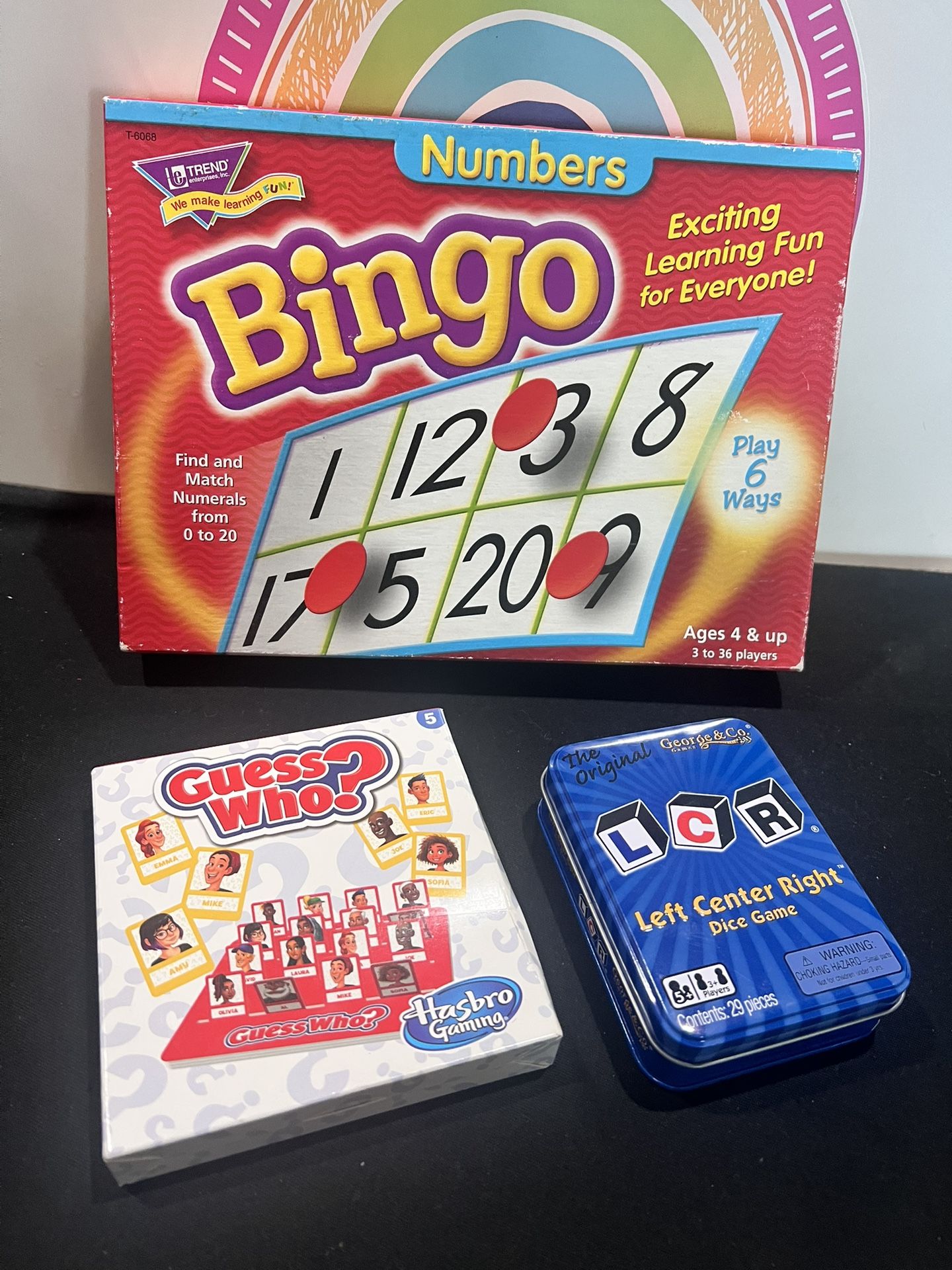 GAME BUNDLE !! 3 GAMES - BINGO NUMBERS , TRAVEL GUESS WHO & LEFT CENTER RIGHT (LCR) All COMPLETE