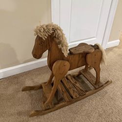 Vintage Handcrafted Amish Wooden Rocking Horse With Yarn Mane & Tail ~ Rustic Folk Art Kids Toy