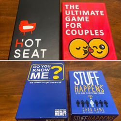 4 fun games: hot seat - the ultimate game for couples - do you know me and stuff happens  Barely used. All in the box with all cards and pieces 