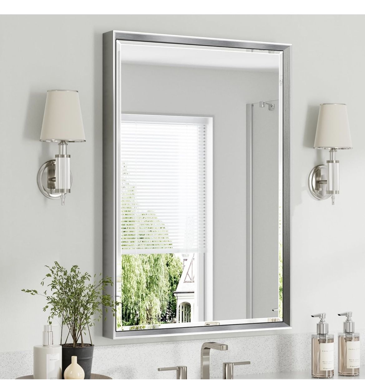NEW IN BOX - Silver Bathroom Mirror, 24x36 Inch Beveled Vanity Mirror for Wall, Anti-Rust Silver Metal Framed Rectangle Mirror (Vertical/Horizontal)