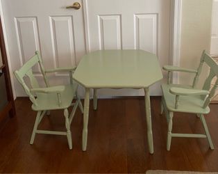Vintage 1950’s Wooden Painted Children’s Table With Two Chairs