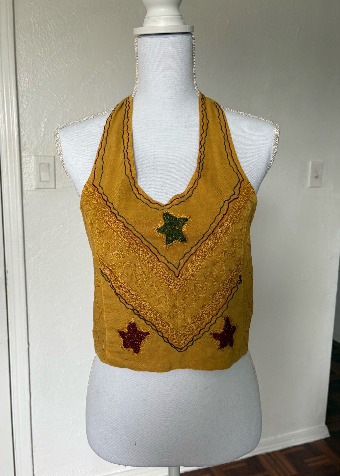 Caribbean women’s mustard embroidered halter cropped top one size