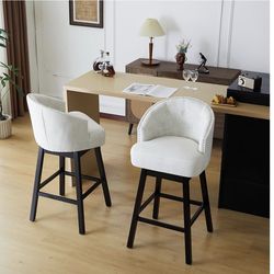 Swivel Counter Stools Set of 2, Upholstered Bar Stools with Backrest, Footrest, Solid Rubber Wood Frame, Black + Beige Suitable for Living Rooms, Kitc