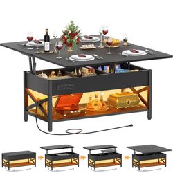 E879 $100  Lift-Top Coffee Table with LED Light & Power Outlet, Dining Table with Storage  Versatile 4-in-1 Lift-Top Coffee Table: Transform your livi