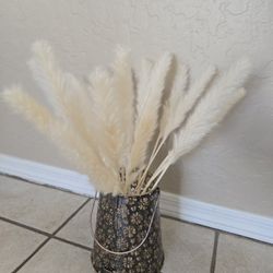 Decorative Embossed Metal Pail - Includes Cream Faux Pampas Grass Stems