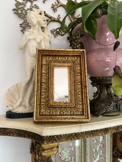 Small Gold Gilded Wood Frame Hollywood Regency Style Hanging Mirror