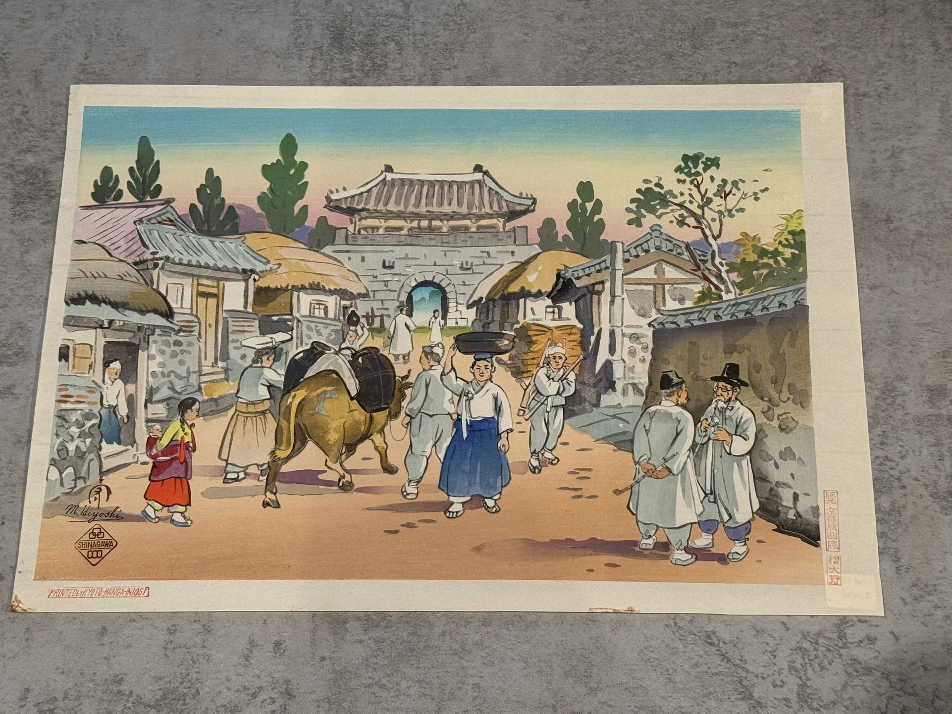 Hiyoshi Mamoru - 1950 Japanese Woodblock Print "Korean Market"