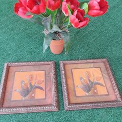 3 Piece Set.  Flowers W/ Pot , 2 Matching Frames 