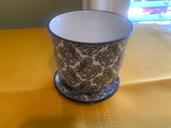 Small Ceramic Owl Pattern Planter Pot with Matching Saucer / Drip Tray (3.5")