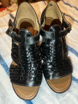 Black Woven Leather Huarache Sandals