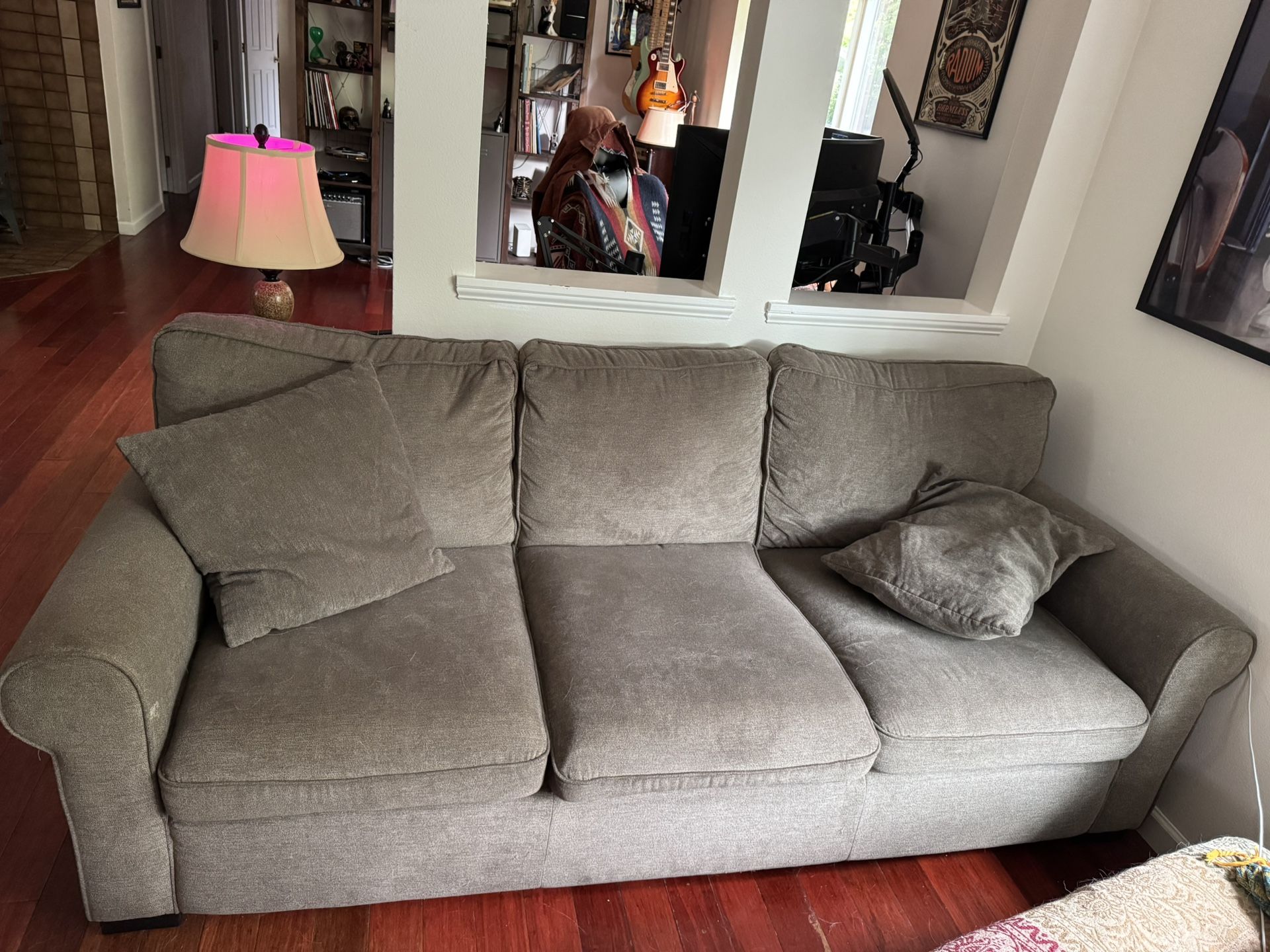 90” long grey/brown couch