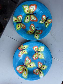 Hand-Painted Butterfly Ceramic Plates Set of 2