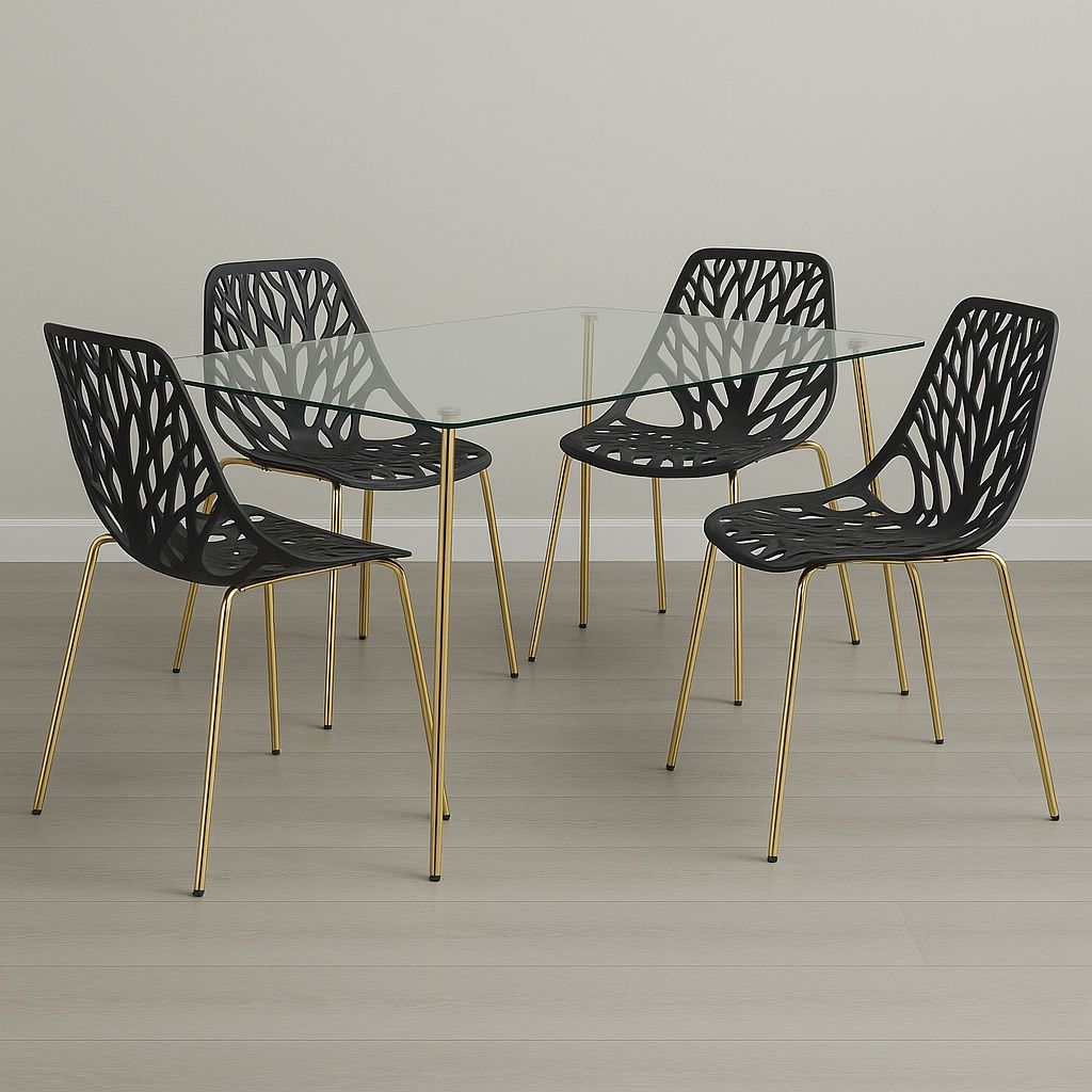 Black Gold Glass Dining Table Set For 4