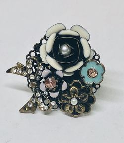 Fashion adjustable ring in bronze with flowers enameled with rhinestones