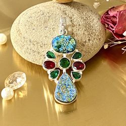 Blue Titanium Druzy, Garnet And Tsavorite 925 Sterling Silver Overlay Handcrafted Pendant