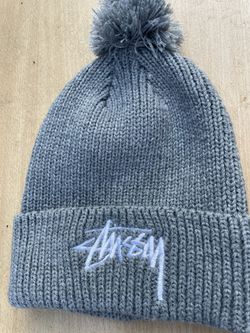 STUSSY Beanie Logo Winter Hat Cap Gray Pom-Pom  One Size