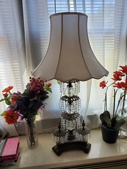 Antique tall table lamp with crystals