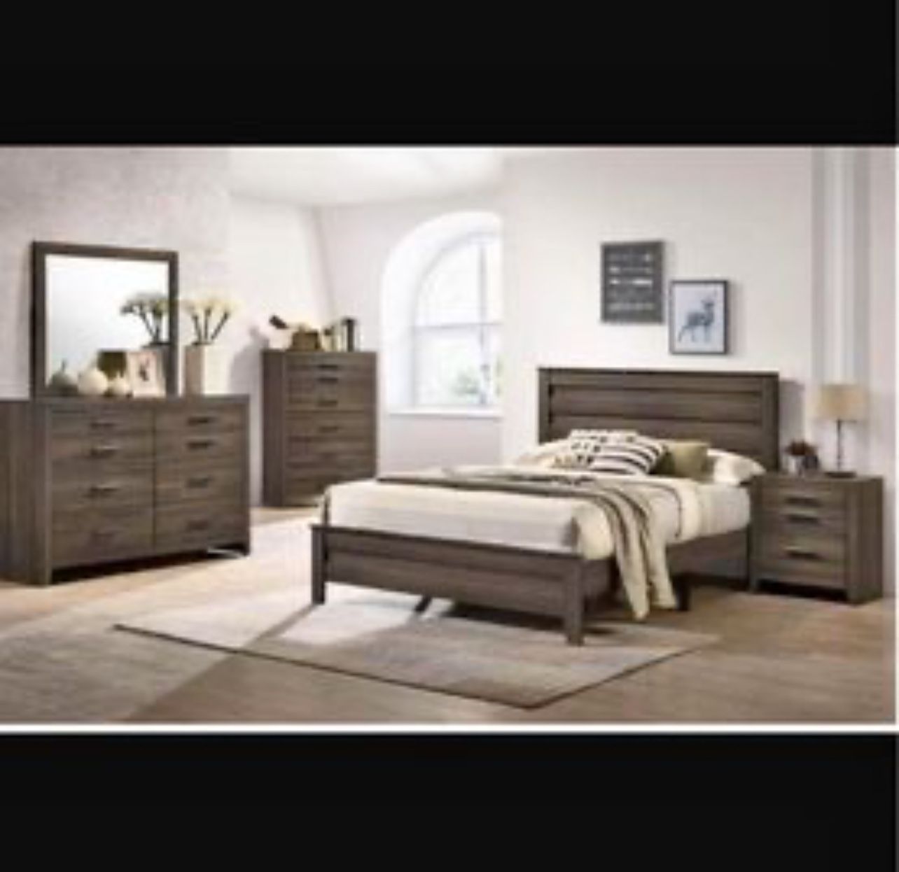 Bedroom set 4pc Queen including  Q Bed Frame Dresser Mirror one Nightstand  Not including mattress and box spring 